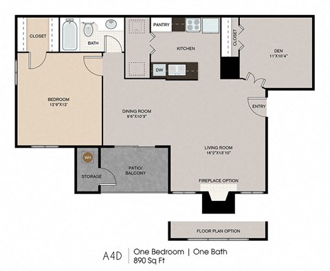 Floor plan for 2 beds, 1 bath, 890 sqft